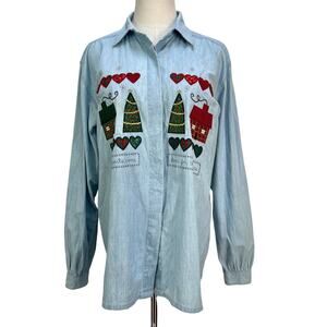Vintage Valorie Sockwell Folk Art Applique Chambray Christmas Shirt Blue